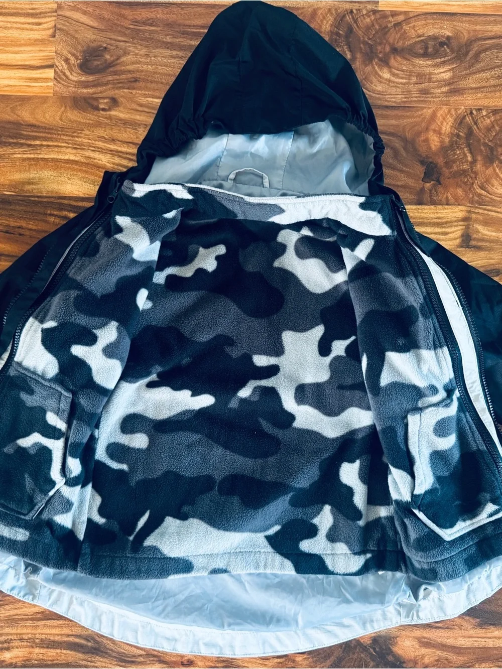 Eddie Bauer Kids Two-Tone Hooded Raincoat - Black & Light Gray- Removable insert